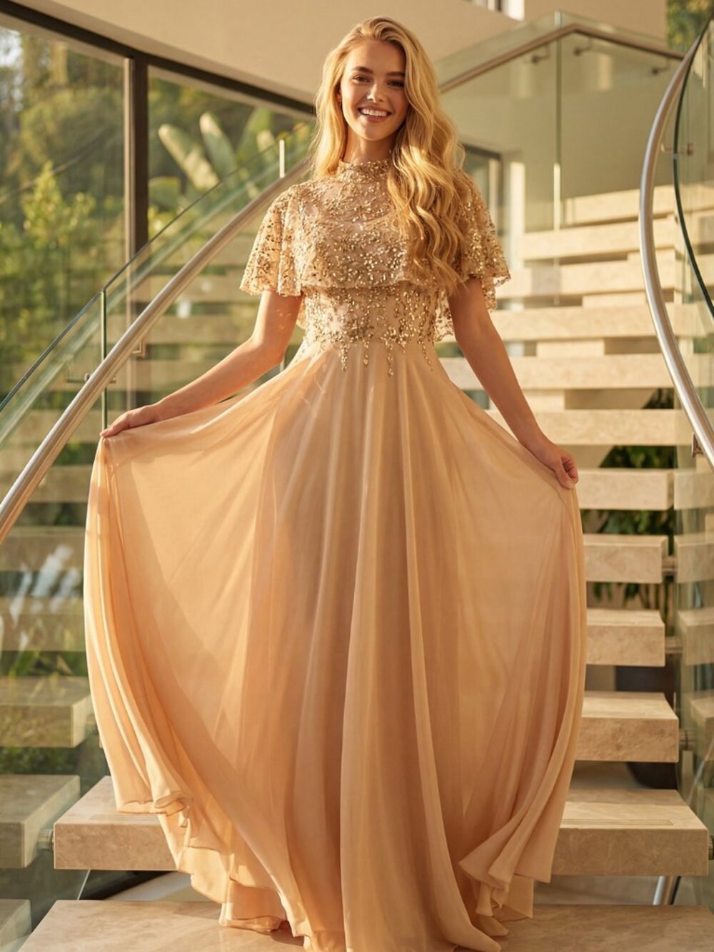 New Champagne Mother Of The Bride Gown w/ Sequins Embroidery & Cape JTM21LW